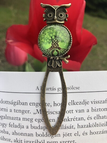 Kézműves fém könyvjelző - Bagoly mintás foglalatban, fa motívumokkal